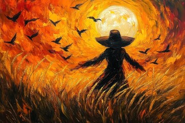 Silhouette of a person in a wide-brimmed hat standing in a field of tall grass with birds flying around under a large glowing sun against a fiery orange sky