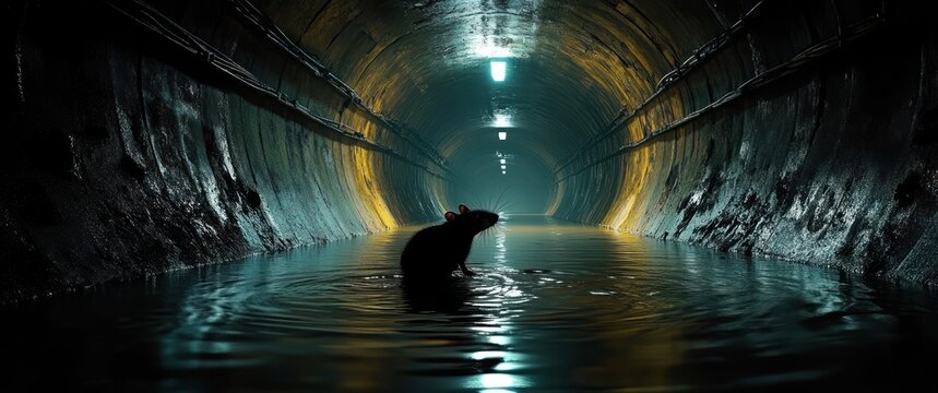 Silhouette of a rat standing in water inside a dimly lit industrial tunnel with wet walls reflecting light