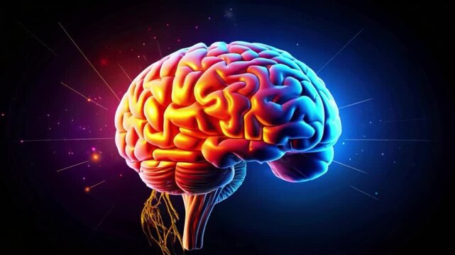 A 3D animated video of a colorful human brain spinning against a dark background, showcasing vibrant neural structures and futuristic design in a dynamic visualization of intelligence and cognition - Powered by Adobe