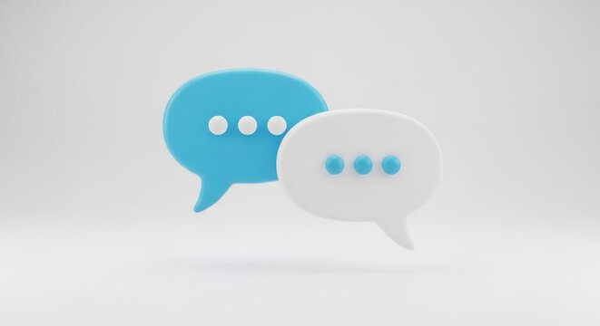 Minimalist 3D Render: Blue and White Speech Bubbles with Ellipsis on Soft White Background