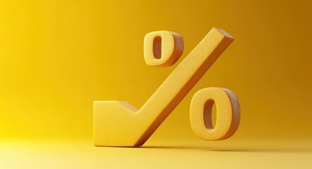 3D yellow percentage symbol on a smooth yellow background conveying concepts of finance and discounts