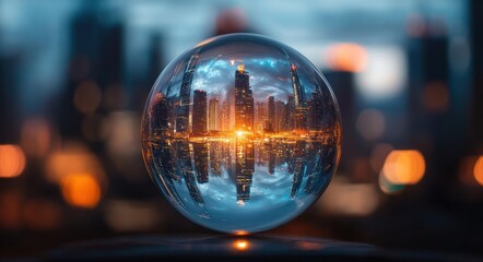city skyline with tall buildings reflecting vibrant sunset and city lights inside a clear glass sphere creating an artistic inverted urban landscape
