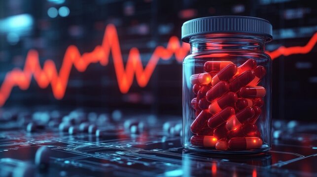 Transparent jar filled with glowing red capsules on a reflective surface with a blurred digital stock market chart in the background - Powered by Adobe
