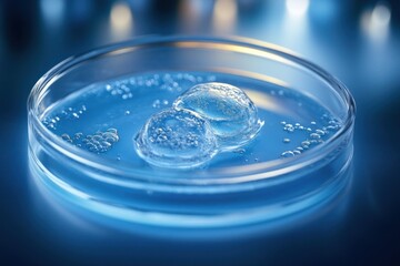 Close-up of translucent cells or embryos inside a petri dish with a blue background and soft lighting conveying a scientific and delicate atmosphere
