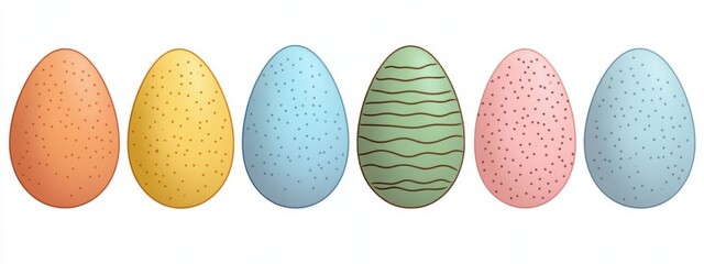 Fototapeta premium Row of six colorful speckled and striped Easter eggs in orange, yellow, blue, green, and pink shades on a white background