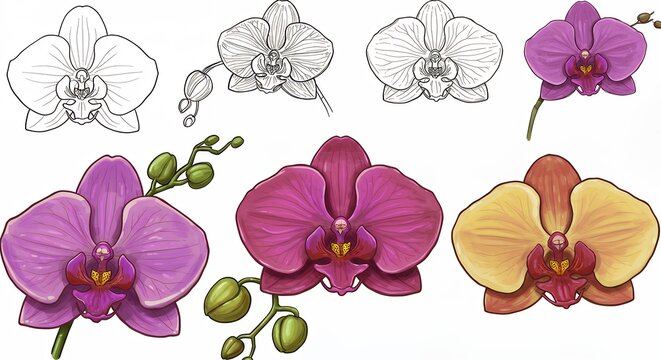 Orchid flower illustrations various colors detailed botanical drawings vector graphics