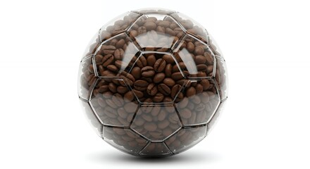 Soccer ball constructed of coffee beans against white background
