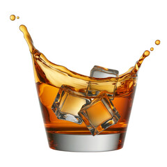 A whiskey splash with ice cubes in a glass is isolated on a white background