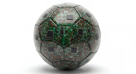 Soccer ball with integrated circuit board pattern on white background