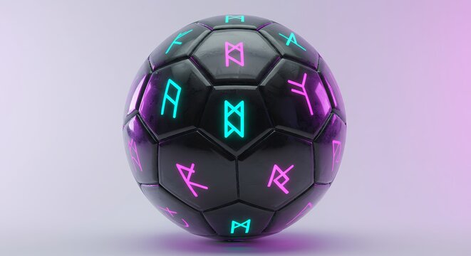 Soccer ball with glowing neon symbols on a gradient background