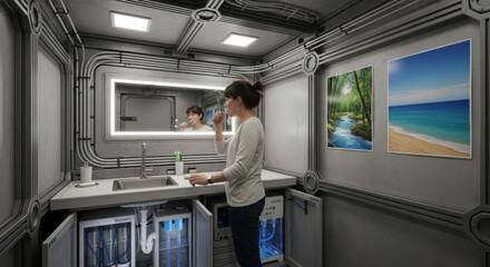 A woman brushing her teeth in a futuristic bathroom with nature themed art on the wall and metal pipes