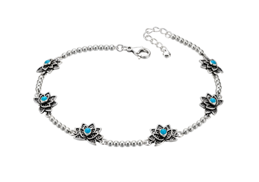 Silver anklet with turquoise flower accents.