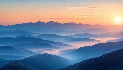 Obraz premium Peaceful sunrise over layered mountain ranges with mist filling valleys and warm pastel-colored sky