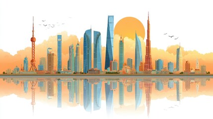 Obraz premium Colorful cityscape skyline with reflections on water at sunset.