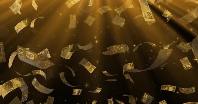 Gold Australian dollar bills falling with light effects. 4k animation footage