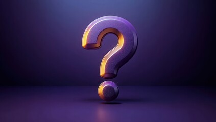 3D rendered purple question mark with glowing orange edges standing on a reflective surface against a dark purple gradient background, conveying mystery and curiosity