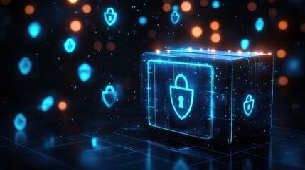 Glowing blue digital secure box with lock symbols floating around in a dark futuristic environment representing cybersecurity and data protection