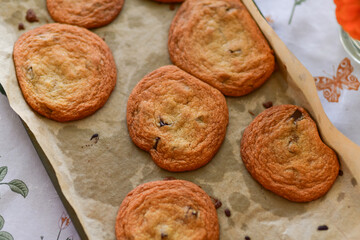 Fresh Chocolate Chip Cookies on a Tray in Cozy Home Setting A batch of freshly baked chocolate chip cookies rests on a tray in a warm, cozy home environment. 