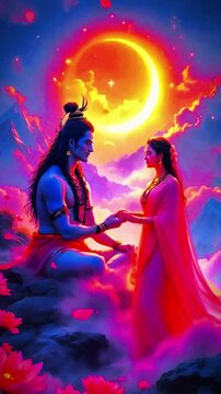 Celestial Shiva and Parvati, divine love on clouds. Hindu gods, spiritual journey, eternal bond. Indian culture, traditional art. Lord Shiva and Goddess Parvati Holding Hands in Crescent moon on hills