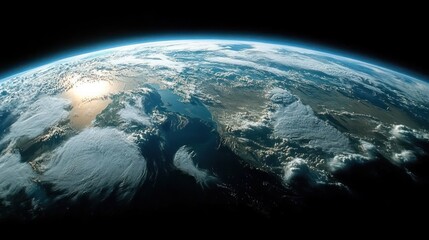 View of Earth from space showing landmasses, oceans, cloud formations, and the sun's reflection on water with a dark outer space background