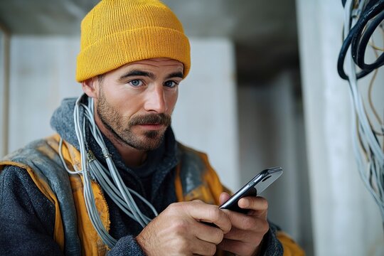 Young male electrician with beard wearing yellow beanie and work vest holding smartphone near exposed wiring indoors