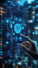 Fototapeta premium human hand interacting with futuristic digital interface displaying glowing blue circular and rectangular icons in a high-tech environment