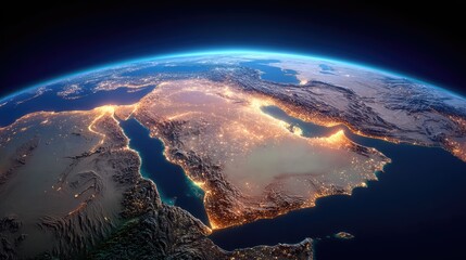 Nighttime view of the Middle East and North Africa from space.