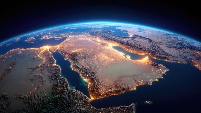 Nighttime view of the Middle East and North Africa from space.