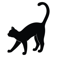 Black cat silhouette stretching with tail curved upwards feline animal