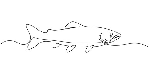 Salmon fish in one continuous line art drawing style vector illustration, Single line drawing of a leaping salmon, aquatic elegance, Fresh salmon fish in continuous line art drawing, Monoline Fishing 