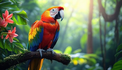 Fototapeta premium vibrant macaw perched on mossy branch surrounded by tropical foliage and pink flowers in sunlit rainforest