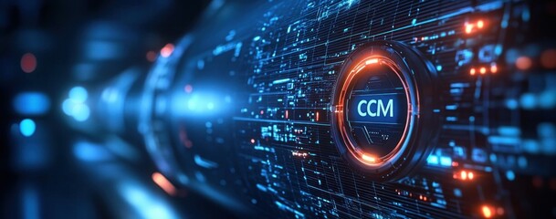 Futuristic digital interface with glowing neon blue and orange circuit patterns and a central circular element displaying the letters CCM, conveying advanced technology and innovation