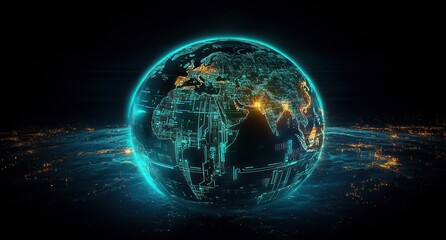 Futuristic digital globe glowing with circuit patterns and illuminated city lights representing Earth at night with technological elements