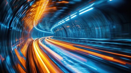 Dynamic long exposure lights creating blurred orange and blue trails inside a curved futuristic tunnel
