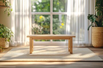 Minimalist wooden bench on textured rug in serene sunlit room with large window and lush green plants in natural woven baskets