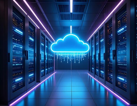 Futuristic server room with a glowing cloud symbol