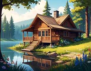 Peaceful log cabin by a lake in a lush forest