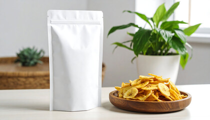 Banana Chips Display: White Pouch, Wooden Bowl, and Lush Greenery on a Bright Tabletop