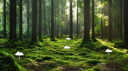 Sunlit dense forest with tall trees and vibrant green moss ground cover under soft natural light