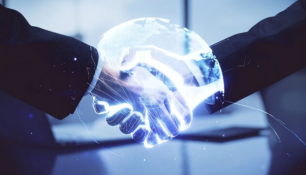 Business handshake with holographic Earth overlay