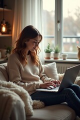 A lifestyle photo of freelancer working from home on laptop, cozy interior, natural daylight