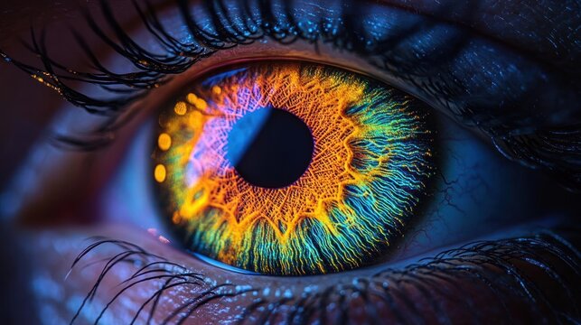 Extreme close-up of a human eye showing vibrant blue and orange iris patterns with detailed texture and eyelashes under dramatic lighting