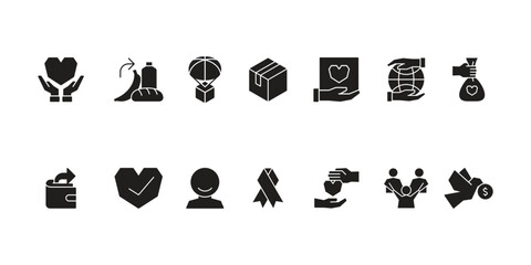 Charity and social welfare icon set collection for giving, nonprofit organizations, volunteering, donation, community support, humanitarian aid, and global relief