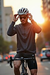 A stylish cyclist adjusting helmet before morning ride in city, sunlight on background buildings, modern sportswear