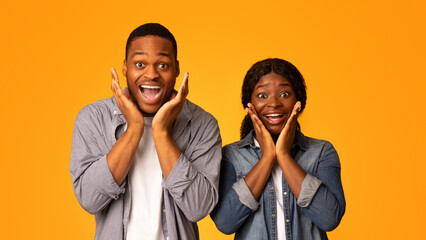 Great Offer. Amazed African American Couple Touching Cheeks In Excitement, Happy Black Lovers...