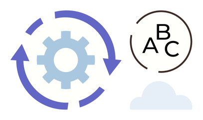 Gear surrounded by circular arrows showing process, ABC text in a circle, and a cloud shape. Ideal for workflow, automation, cloud computing, education, development, data management and teamwork