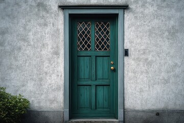 weathered teal wooden door with diamond lattice windows set in plain grey textured wall beside small shrub showing a calm and simple entrance
