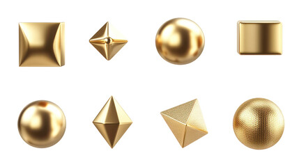 Shiny Golden Geometric Shapes – Sphere, Cube, Pyramid Floating on Transparent Background

