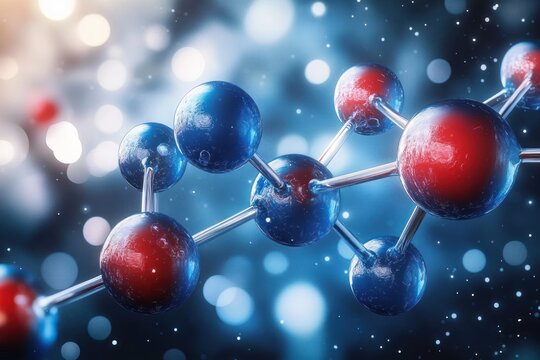 Close-up digital rendering of a molecular structure with interconnected red and blue spheres against a glowing blue background conveying a futuristic science theme - Powered by Adobe