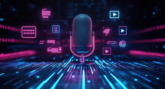 Futuristic digital microphone surrounded by glowing neon icons representing media playback, wifi, and data visualization on a dark tech background - Powered by Adobe